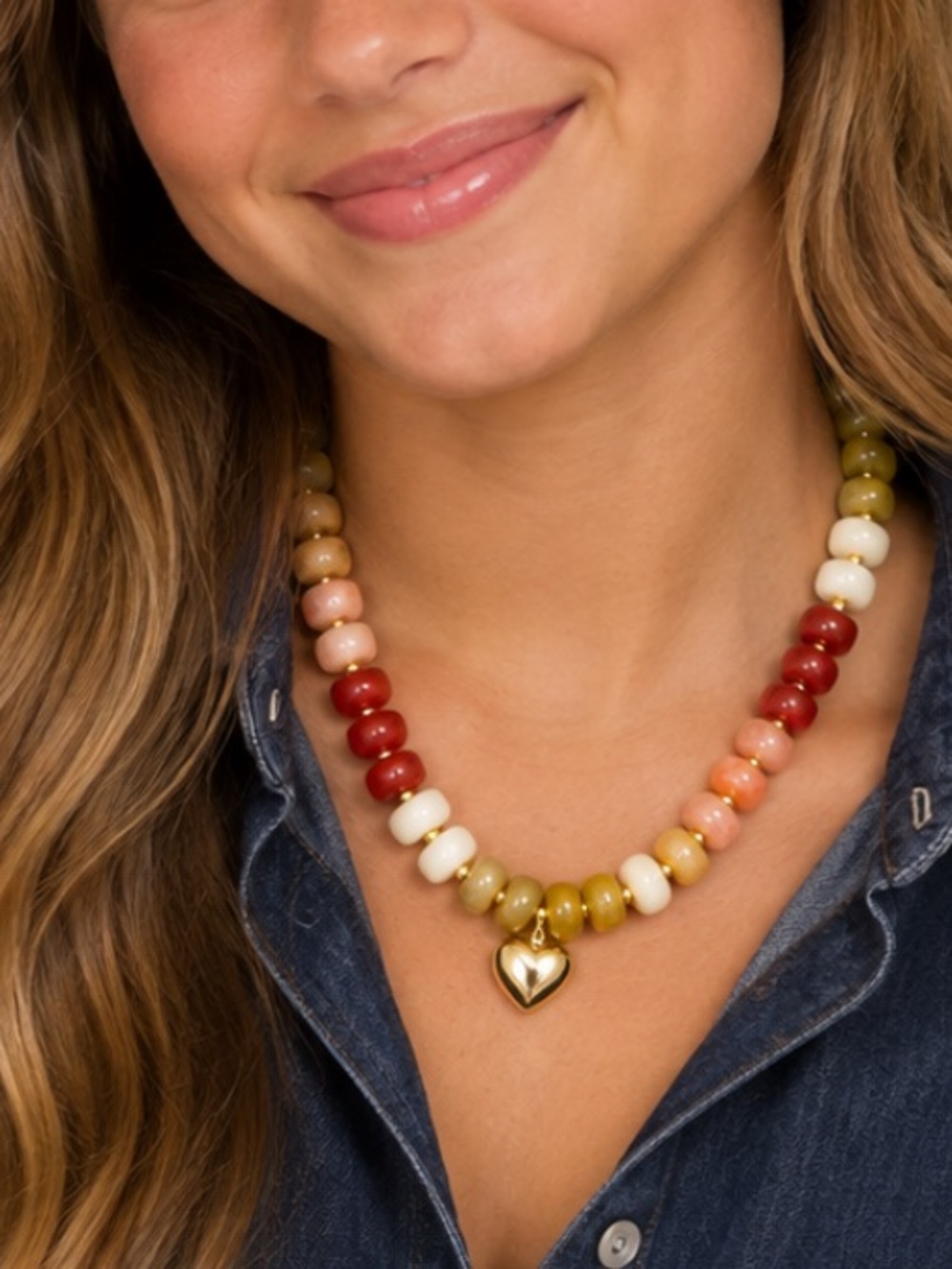 New! Cranberry Neutral Beaded Gold Heart Necklace NWOT